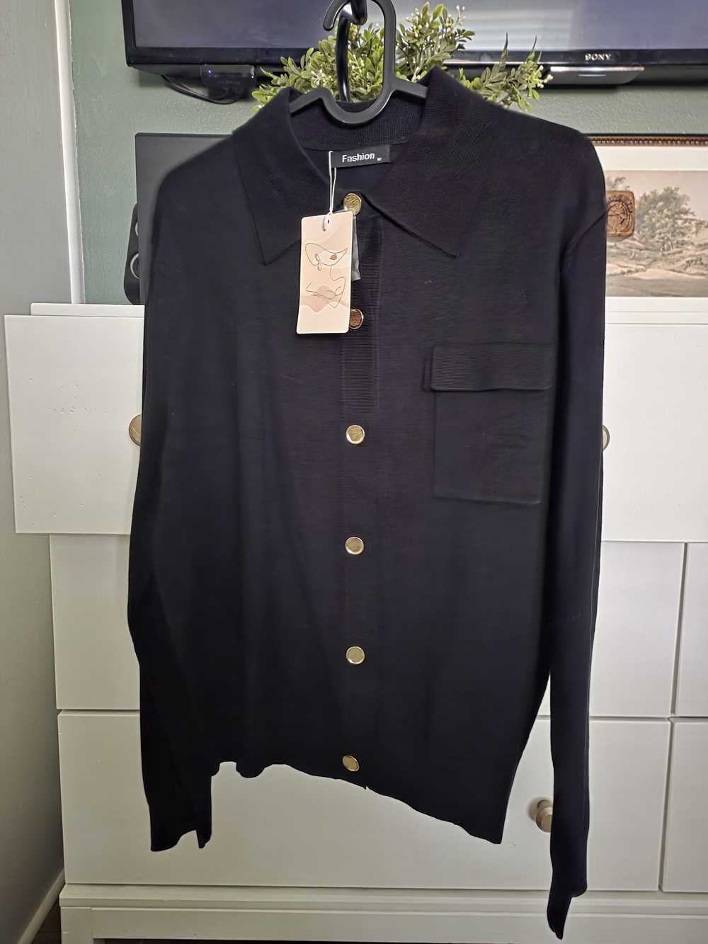 Black Button-Front Knit Shirt Jacket with Chest Pocket